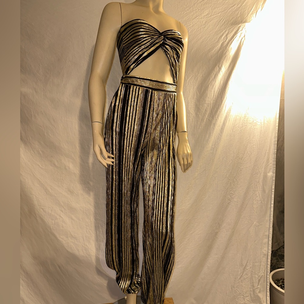 Gold exposed midriff romper with side leg slit